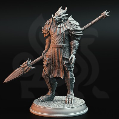 Dragon Knight with spear from DM Stash's Rise of the Dragon set. Total height apx. 45mm. Unpainted resin miniature - image1